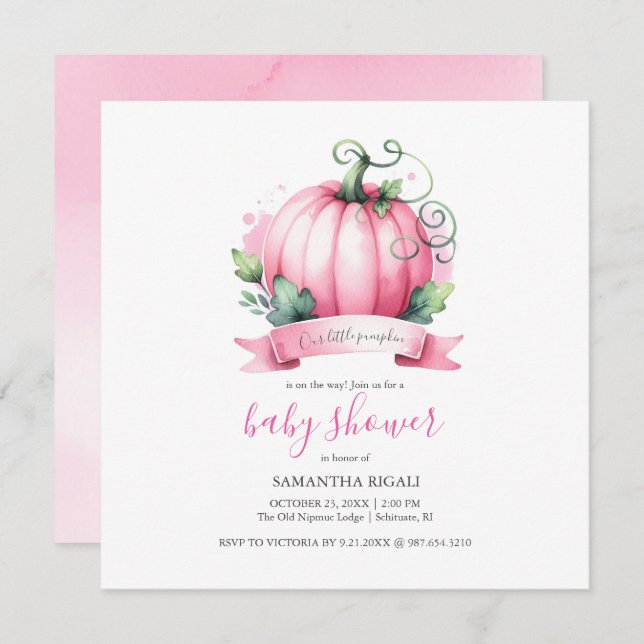 Fall Baby Shower-inbjudningar Little Pumpkin Girl Inbjudningar (Fram/baksida)