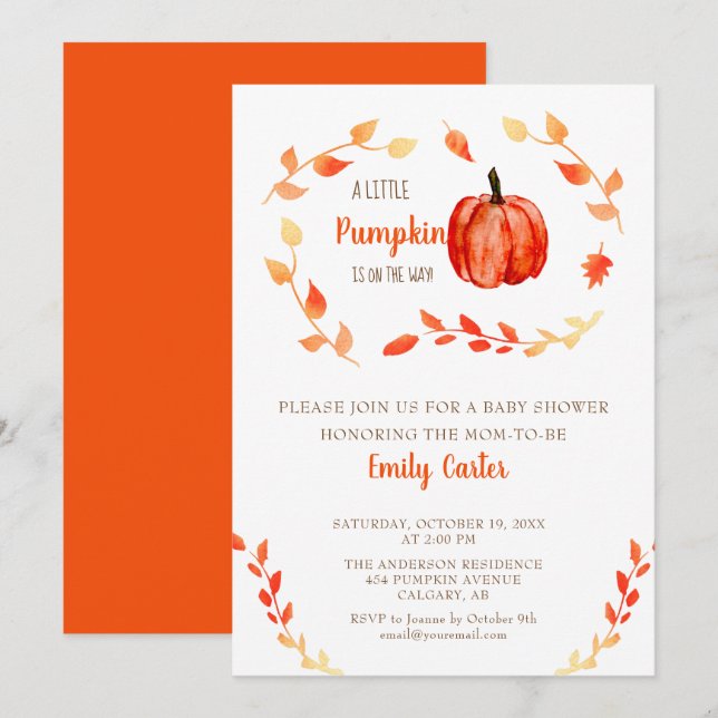 Fall Baby Shower Little Pumpkin Autumn Foliage Inbjudningar (Fram/baksida)