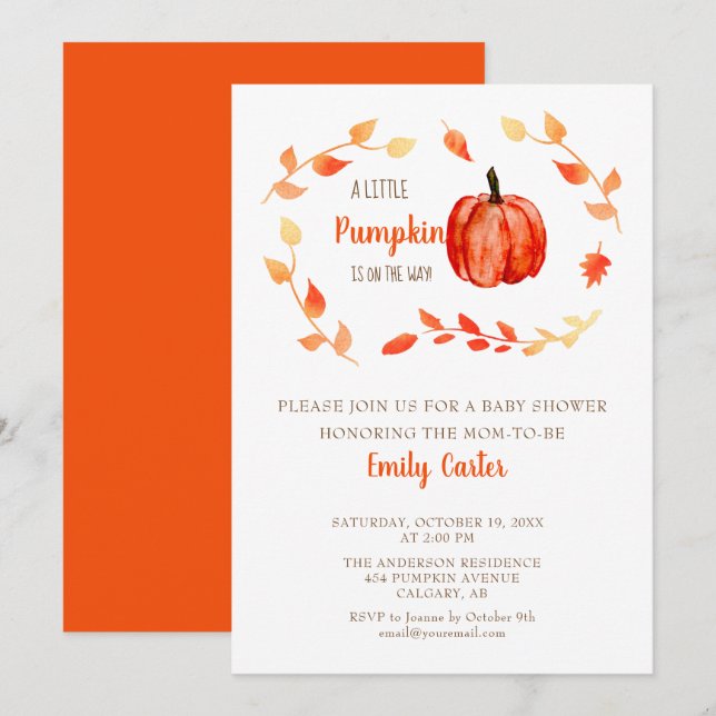 Fall Baby Shower Little Pumpkin Autumn Foliage Inbjudningar (Fram/baksida)