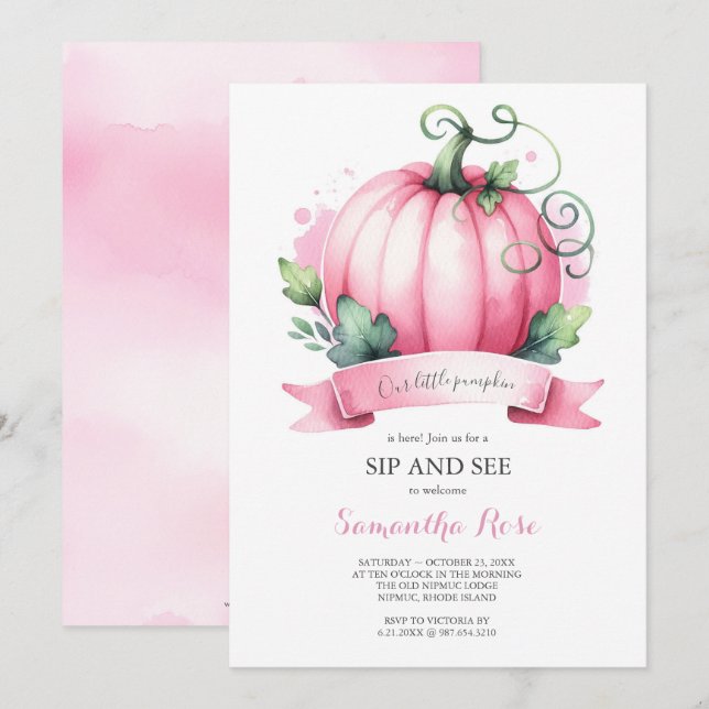 Fall Baby Shower Little Pumpkin Sip och See Inbjudningar (Fram/baksida)