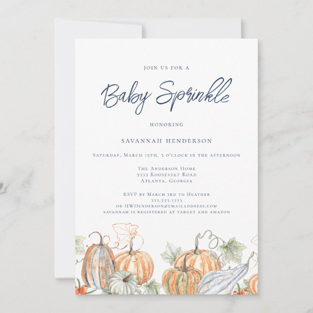 Fall Baby Shower Sprinkle Pumpkin Blue Inbjudningar (Framsida)