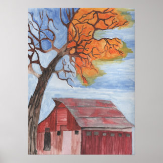 Fall Barn Vatten Färg Pastel Poster