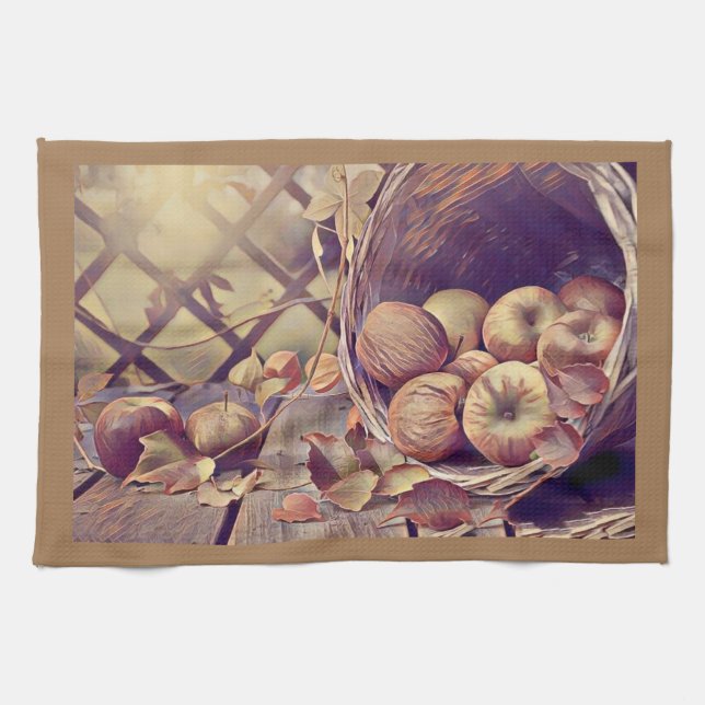 Fall basket av äppelfrukter, vattenfärgad vintage kökshandduk (Horisontell)