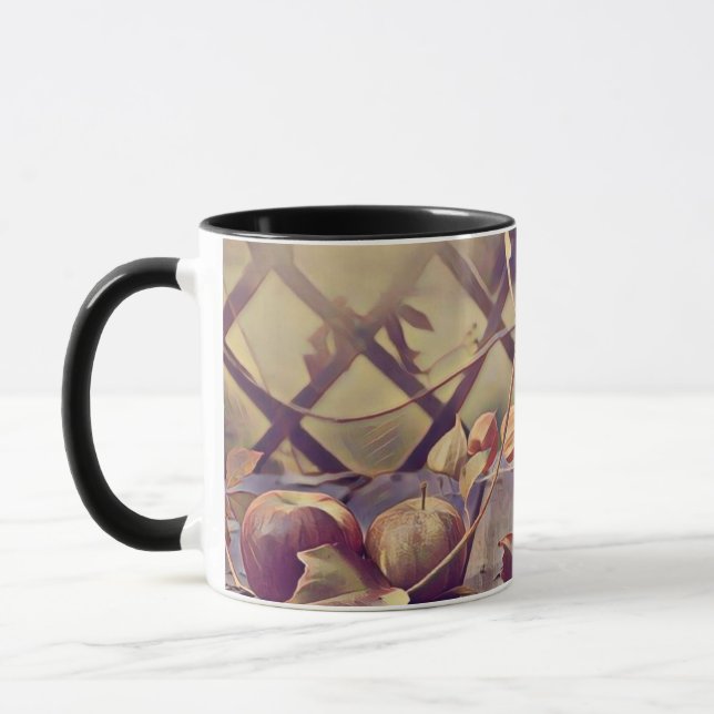 Fall basket av äppelfrukter, vattenfärgad vintage mugg (Vänster)