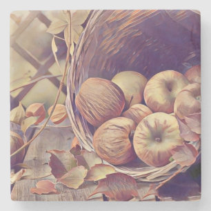 Fall basket av äppelfrukter, vattenfärgad vintage stenunderlägg