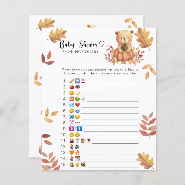 Fall Bear - baby shower emoji pictionary (Fram/baksida)
