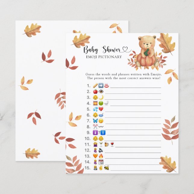 Fall Bear - baby shower emojipictionary (Fram/baksida)