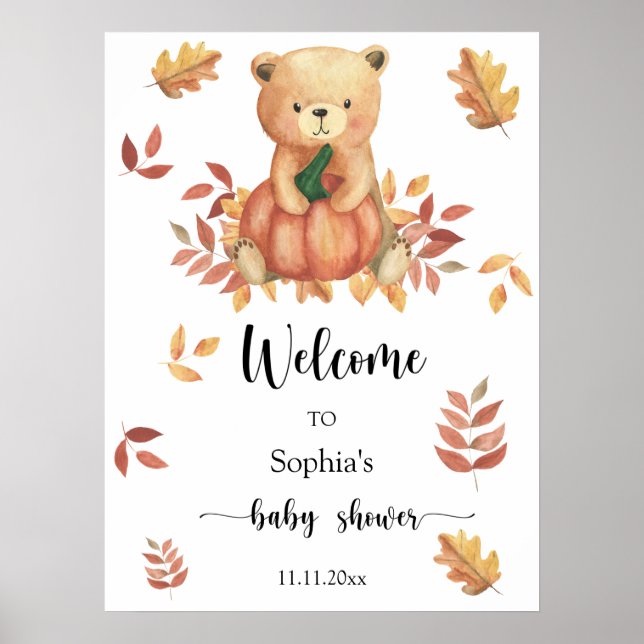 Fall Bear med Pumpkin - Välkomstbabydusch Poster (Framsidan)