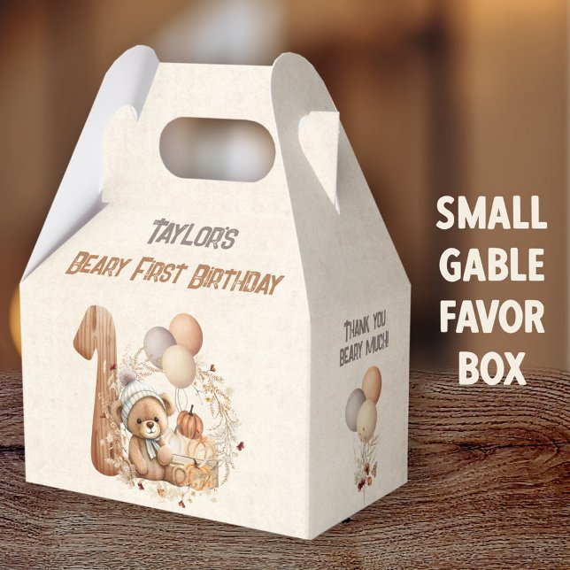Fall Bear Pumpkin Boy 1st Birthday Gable Presentaskar (Fall Bear Girl Small Gable Favor Boxes - You can choose from 3 sizes of these gable favor boxes)