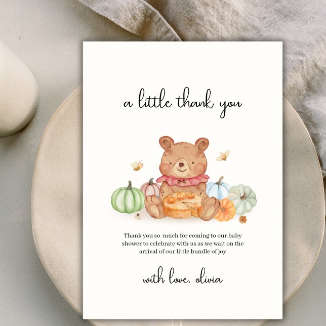 Fall Bee Cutie Pumpkin Paj Nalle Baby Shower Tack Kort (Fall Bee Cutie Pumpkin Pie Teddy Bear Baby Shower Thank You Card)