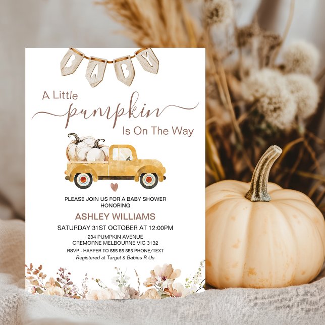 Fall Beige Brown Little Pumpkin Lastbil Baby Showe Inbjudningar (Gender Neutral Fall Pumpkin Baby Shower Invitation Template, Little Pumpkin Baby Shower Invitation)