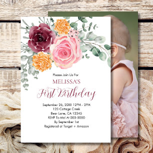 Fall Birthday Girl Burgundy Rosa Blommigt Inbjudningar