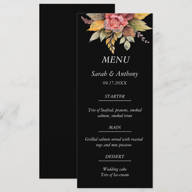 Fall Black Autumn Blommigt Fall Wedfood Meny (Fram/baksida)