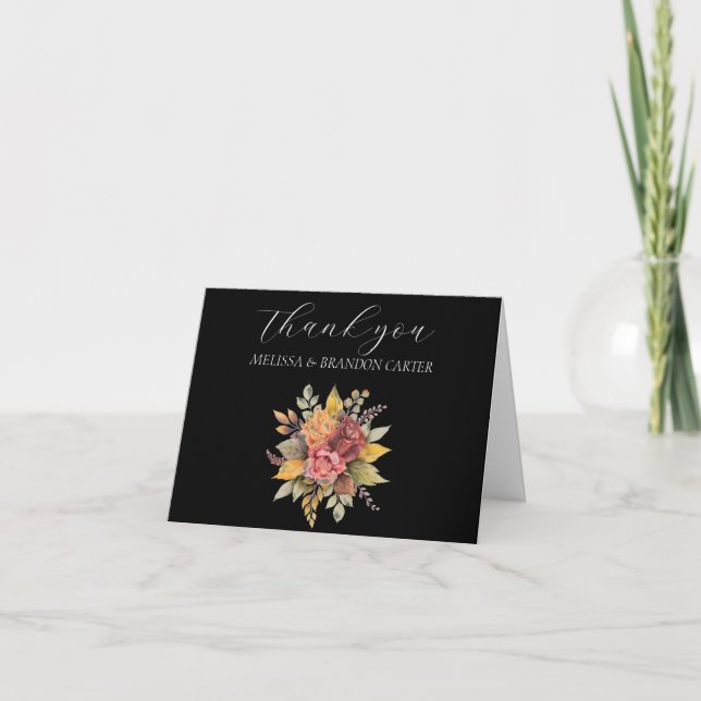 Fall Black Boho Autumn Blommigt Bröllop Tack Kort (Framsida)