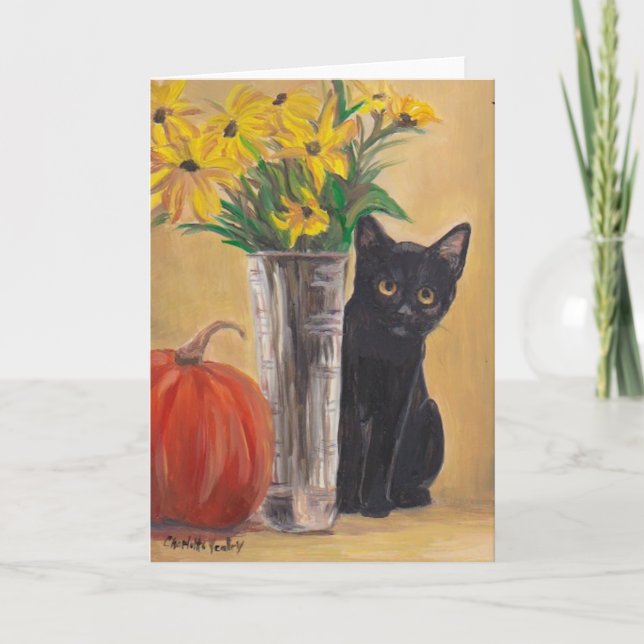 Fall Black Kattunge Pumpkin Cat Art Greeting Card Kort (Framsida)