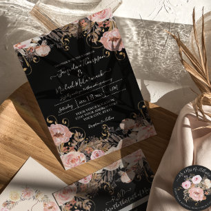 Fall Black Rosa Watercolor Blommigt Ro Guld Inbjudningar