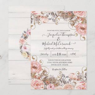 Fall Black Rosa Watercolor Blommigt Ro Guld Inbjudningar