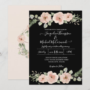 Fall Black Watercolor Blommigt Ro Bröllop Inbjudningar