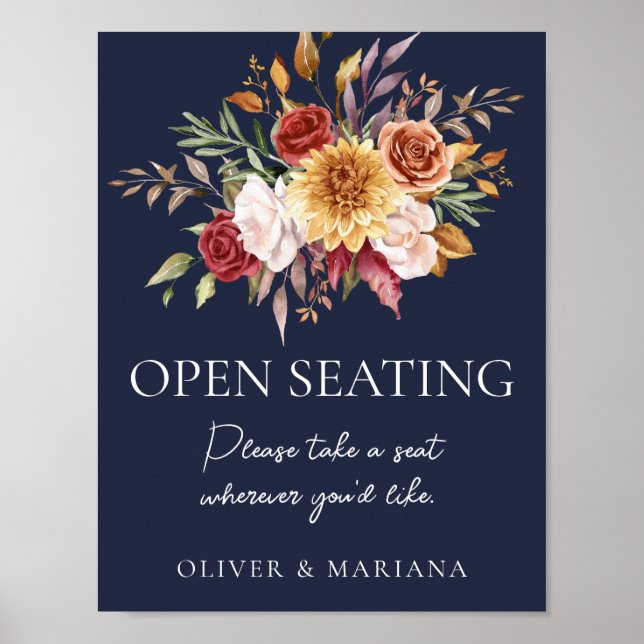 Fall Blommigt Blått Bröllop-öppningsskylt för säte Poster (Framsidan)