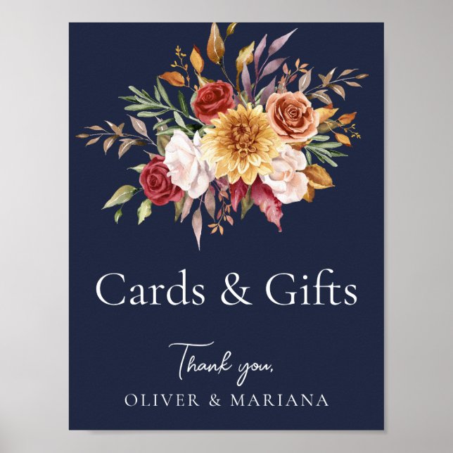 Fall Blommigt - Blått Bröllopskort- och presenttec Poster (Framsidan)