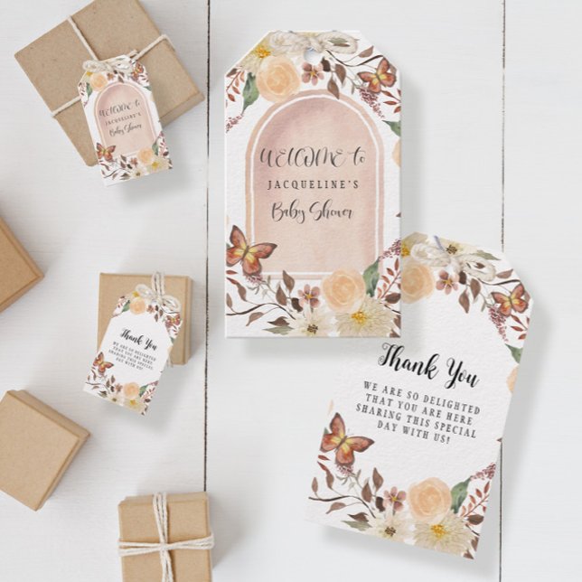 Fall Blommigt BOHO Autumn Butterfly Baby Shower Presentetikett (Skapare uppladdad)