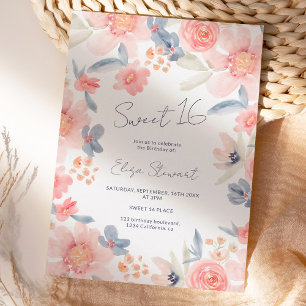 Fall blommigt boho rosa blue water color Sweet 16 Inbjudningar