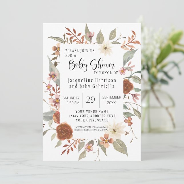 Fall Blommigt BOHO Script Girl Baby Shower Photo I Inbjudningar (Stående Fram)