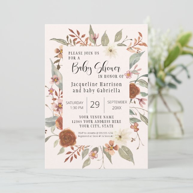 Fall Blommigt BOHO Script Girl Baby Shower Photo Inbjudningar (Stående Fram)