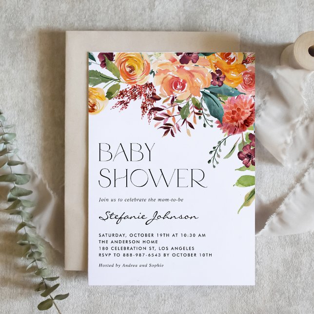 Fall Blommigt Bouquet QR-kod Babykläder Inbjudningar (Watercolor Fall Floral Bouquet QR Code Baby Shower Invitation)