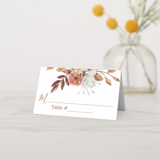 Fall-Blommigt Bouquet White Bröllop Place Card Placeringskort (Framsida)