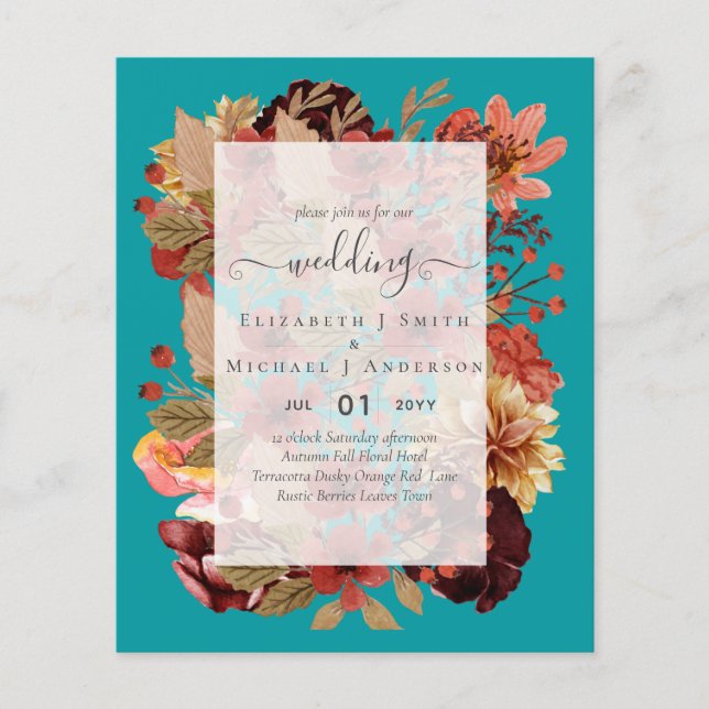 Fall Blommigt Bröllop - Burgundy Orange BUDGET Flygblad (Framsidan)