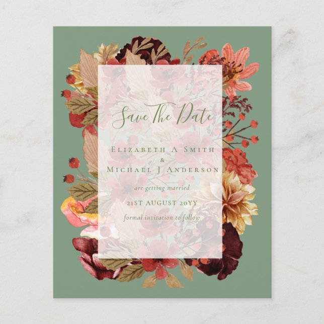 Fall Blommigt Bröllop - Burgundy Orange BUDGET Flygblad (Framsidan)