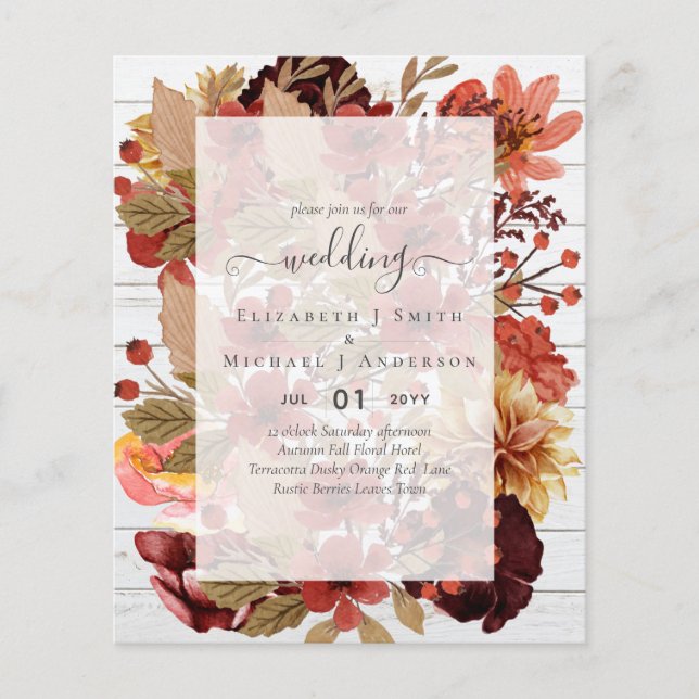 Fall Blommigt Bröllop - Burgundy Orange BUDGET Flygblad (Framsidan)