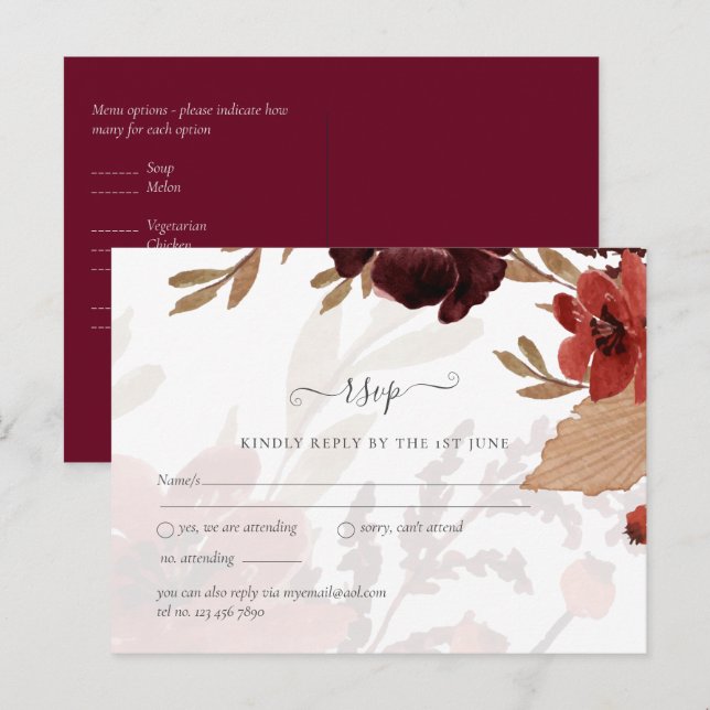 Fall Blommigt Bröllop Suite Terracotta Burgundy Re Vykort (Fram/baksida)