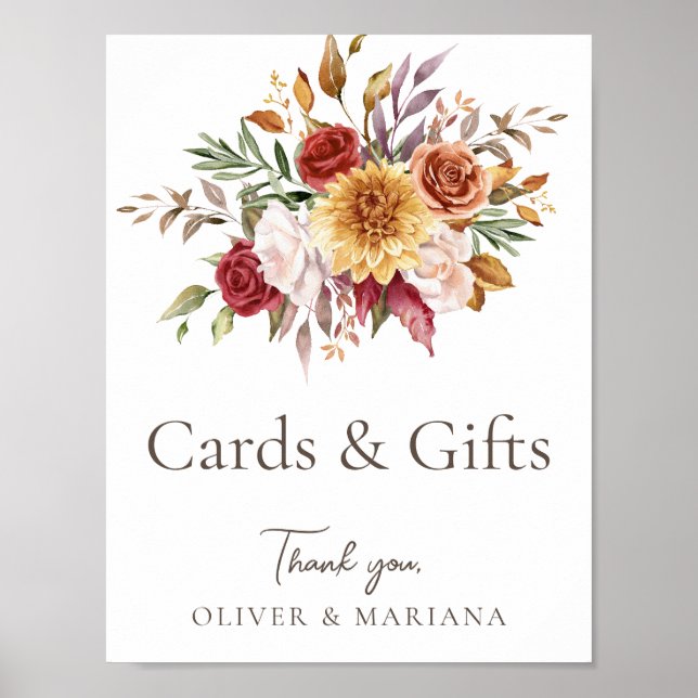 Fall Blommigt Brown White Bröllopskort & Gifts-tec Poster (Framsidan)