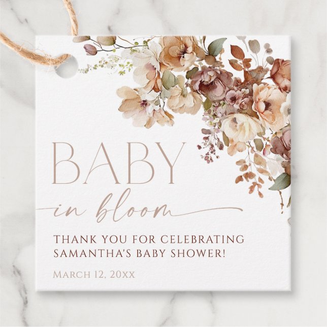 Fall blommigt brun neutralt baby i blodomduschen gåvor etiketter (Framsida)