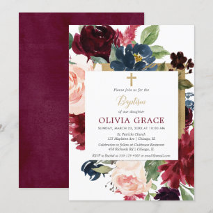 Fall blommigt burgundi guld flicka baptism inbjudningar