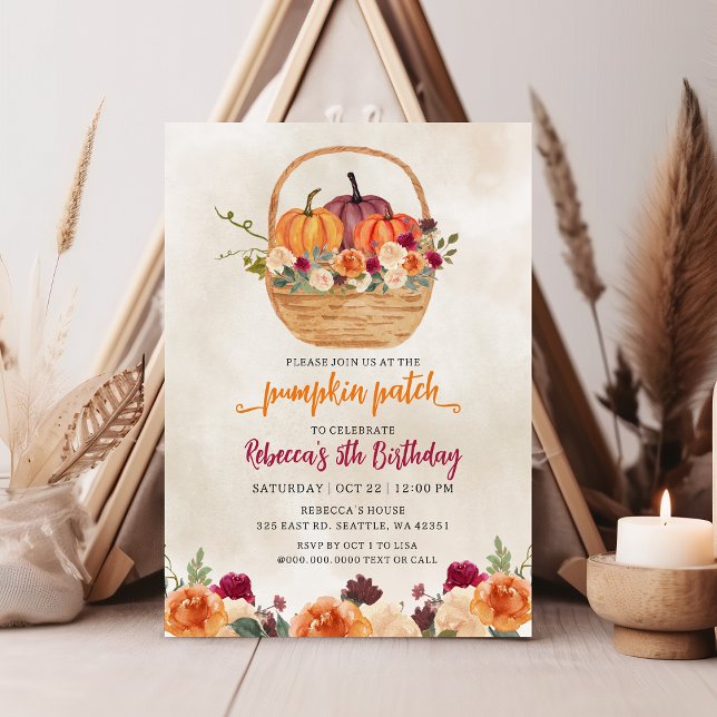 Fall Blommigt Burgundy Orange Pumpkin Patch Birthd Inbjudningar (Fall Floral Burgundy Orange Pumpkin Patch Birthday Invitation)