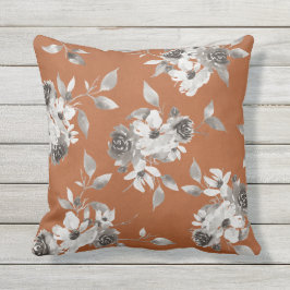 Fall Blommigt Burnt Orange och Sepia Pillow Kudde