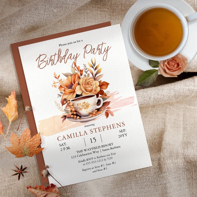 Fall Blommigt Cottage Tekopp Birthday Tea Party Inbjudningar (Love a hot cup of tea on a crisp fall day?  Capture the cozy feeling with a teacup birthday party.)