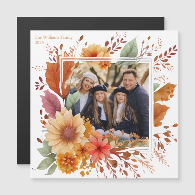 Fall Blommigt Family Photo Thanksgiving Magnet Car (Fram/baksida)