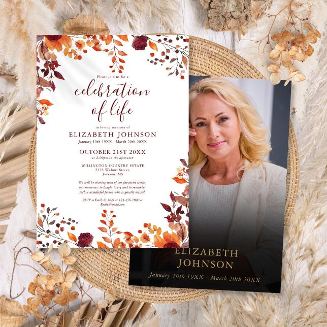 Fall Blommigt Firande i livets fotobegravning Inbjudningar (Fall Floral Celebration Of Life Photo Funeral Invitation)