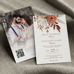 Fall Blommigt Foto QR Brown Text Bröllop Inbjudningar