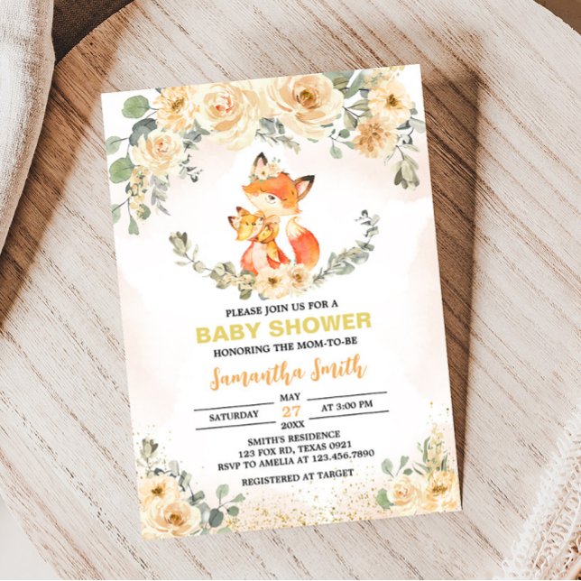 Fall Blommigt Fox Baby Shower Inbjudningar (Fox Baby Shower Invitation)