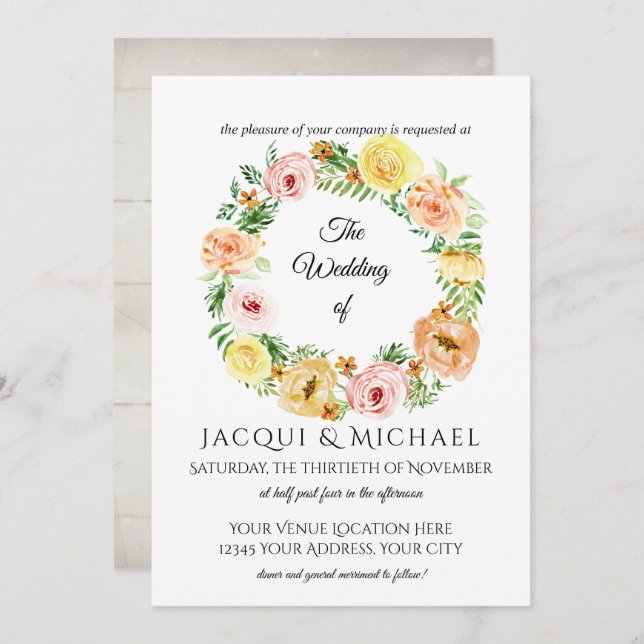 Fall Blommigt Gult i Peach Rosor w Folium Utandnin Inbjudningar (Fram/baksida)