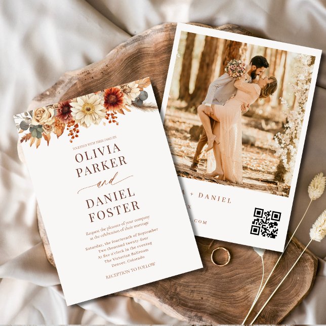 Fall Blommigt Höst QR-kod Foto Bröllop Inbjudningar (Skapare uppladdad)