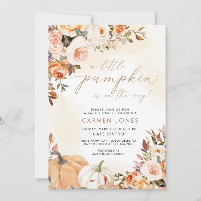 Fall Blommigt Little Pumpkin Baby Shower-inbjudan Inbjudningar (Framsida)