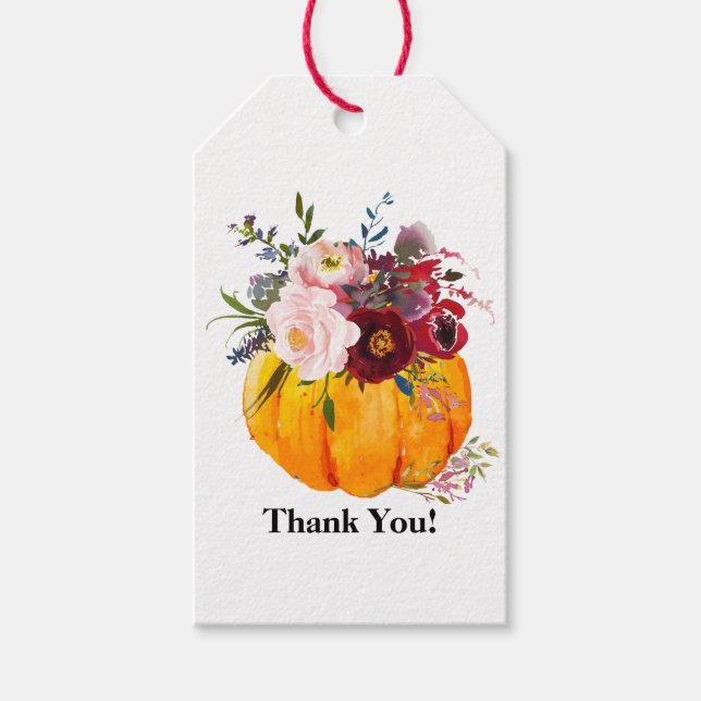 fall, blommigt, märkre för pumpa presentetikett (Framsidan)