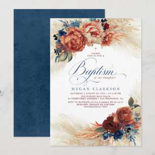 Fall Blommigt Navy Blue och Terracotta Baptism Inbjudningar