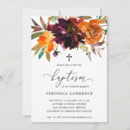 Fall Blommigt Orange Burgundy Rustic Girl Baptism Inbjudningar